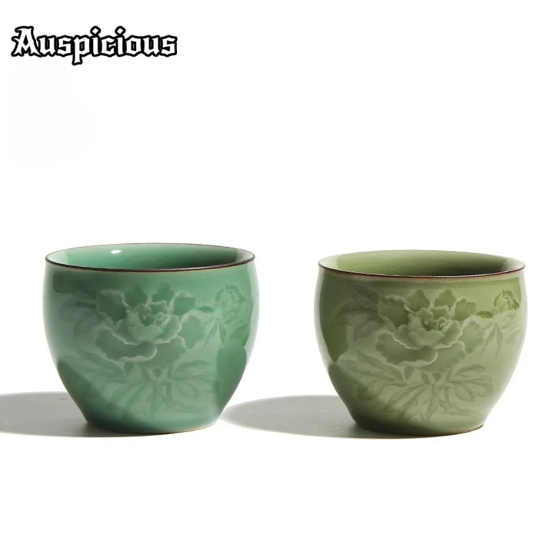 Celadon Ceramic Cup - 120ml Handmade Longquan Celadon Peony Tazza
